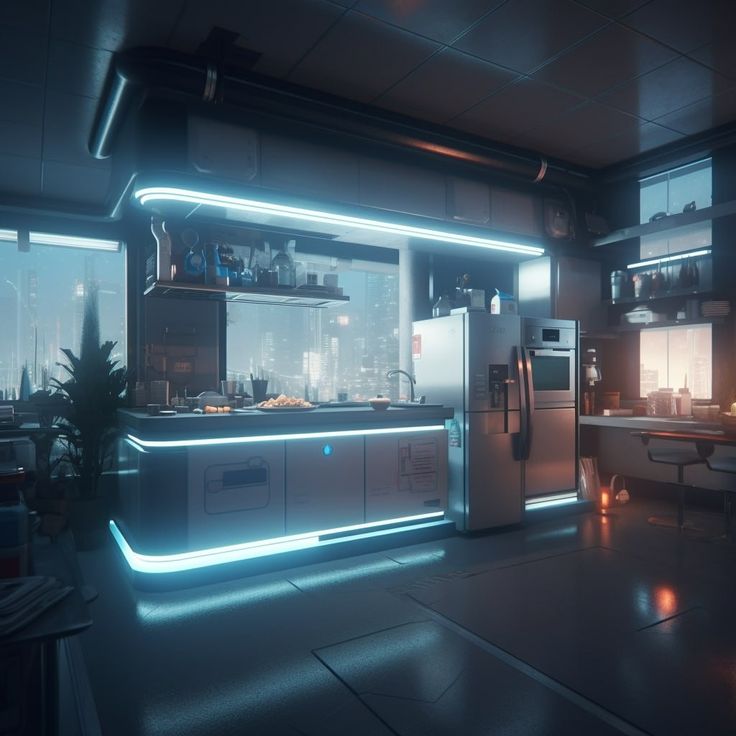 a futuristic kitchen with neon lights in the dark