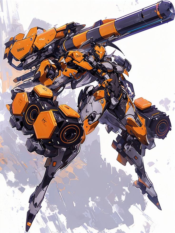 an orange and black robot standing in front of a white background with paint splattered on it