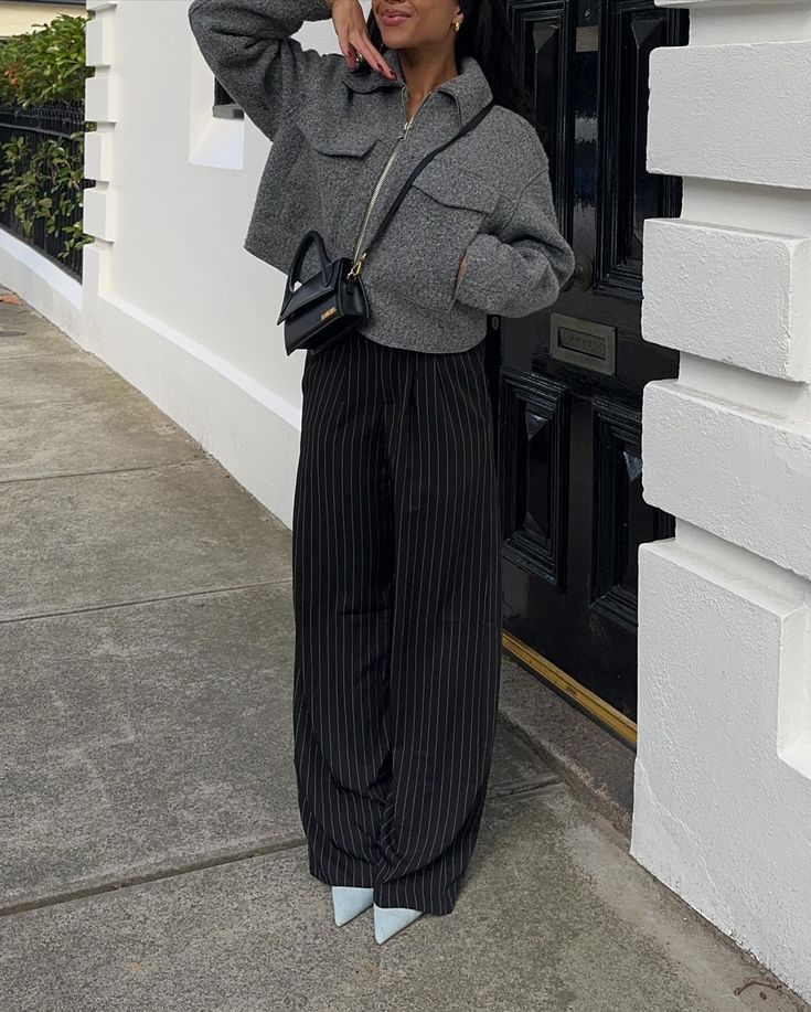 Pinstripe pants >>> Pinstripe Pant Outfit, Black Pinstripe Pants Outfit For Work, Styling Pinstripe Pants, Pinstripe Midi Skirt, Navy Blue Pinstripe Pants Outfit Women, Gray Striped Pants Outfit, Trousers Outfit Street Style, Striped Dress Pants Outfit, Grey Pinstripe Pants Outfit