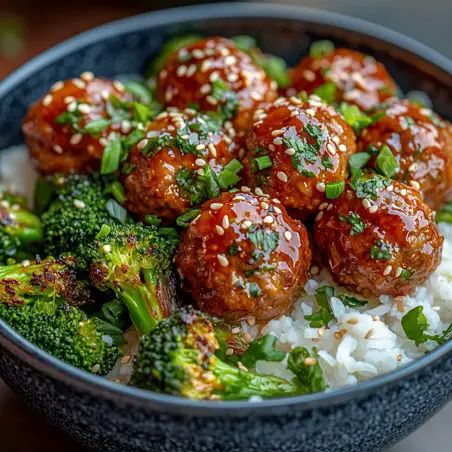 a bowl filled with meatballs and broccoli covered in sesame seeds on top of rice