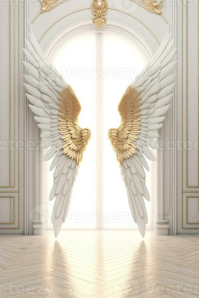 there is a large white and gold angel wings in a room. generative ai. Angel Sculpture Art, Angel Wings Decor, Angel Wings Drawing, Spiritual Photos, Angel Wings Art, Photo Drop, White Angel Wings, Wings Drawing, Angel Sculpture