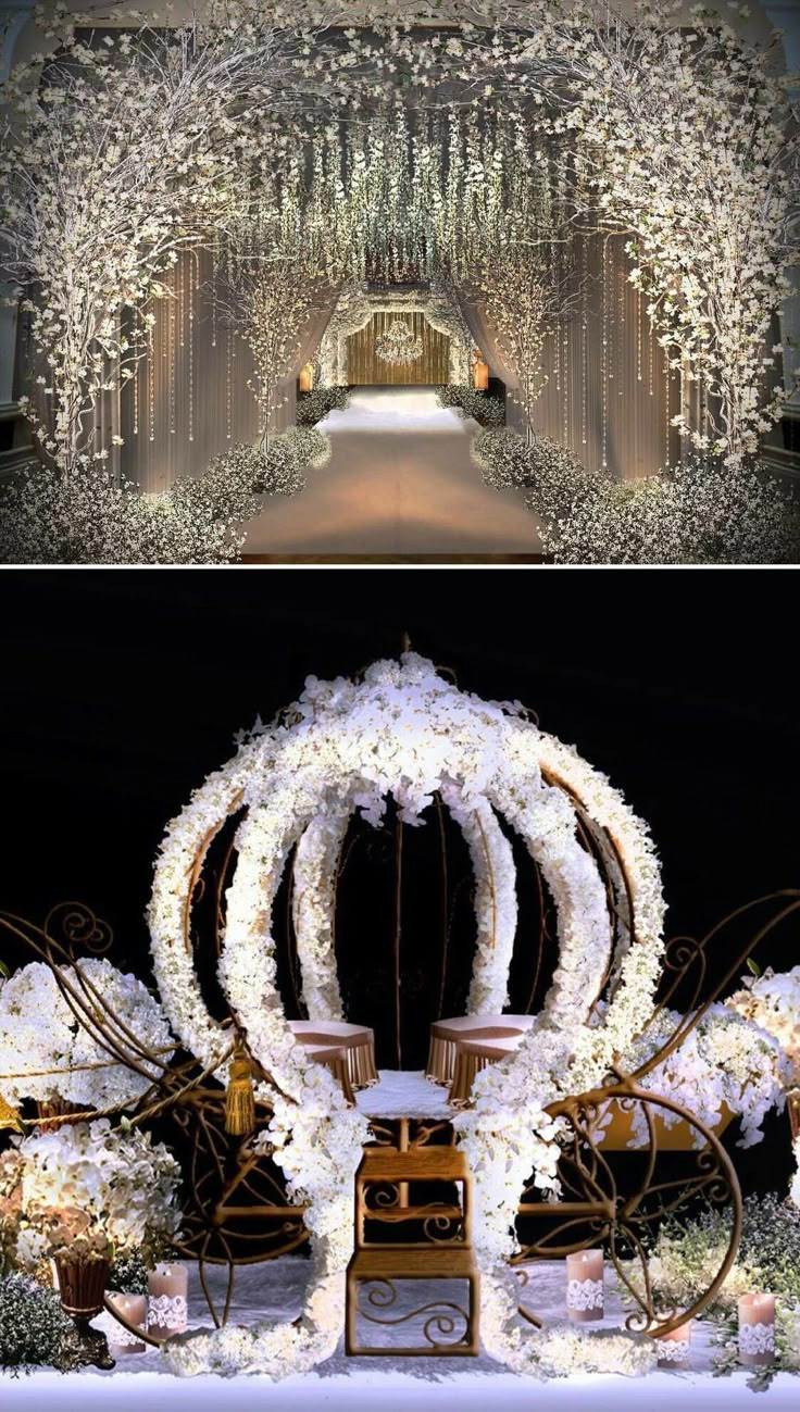 the wedding arch is decorated with white flowers