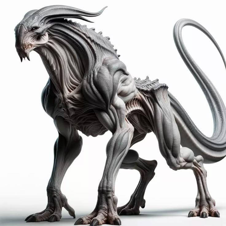 an alien like creature standing on its hind legs, with long horns and large claws