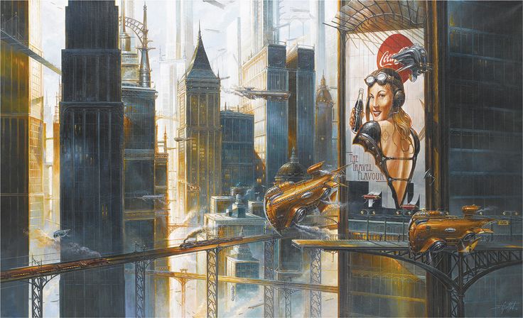 an artistic painting of a woman in a futuristic city with skyscrapers and other buildings