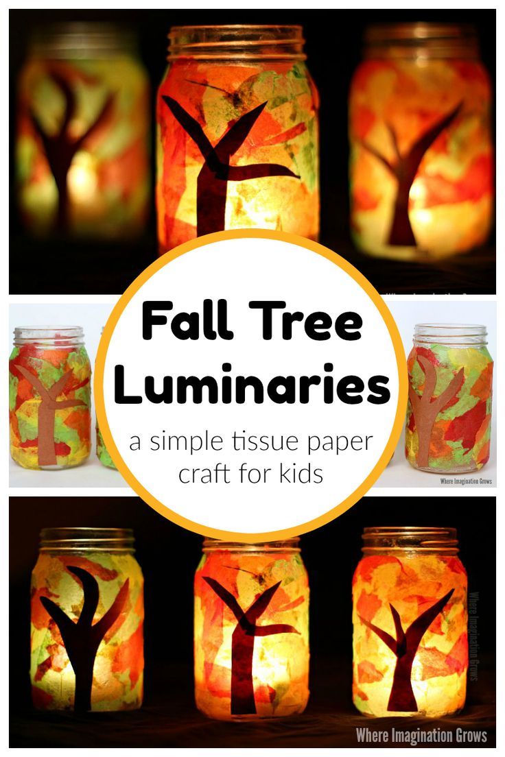 fall tree luminaries in mason jars with text overlay that reads,'a simple tissue paper craft for kids '