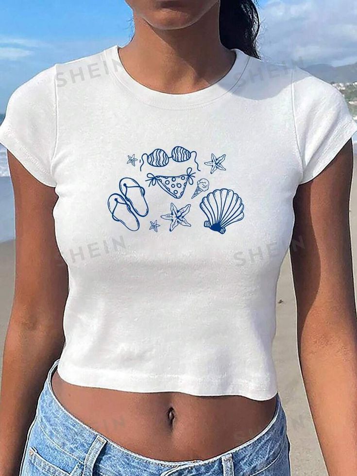 Summer Beach Style, Beach Crop Tops, Summer Outfits Y2k, Outfits Y2k, Summer Fashion Beach, Print Crop Tops, Graphic Tee Shirts, White Casual, Plus Size T Shirts