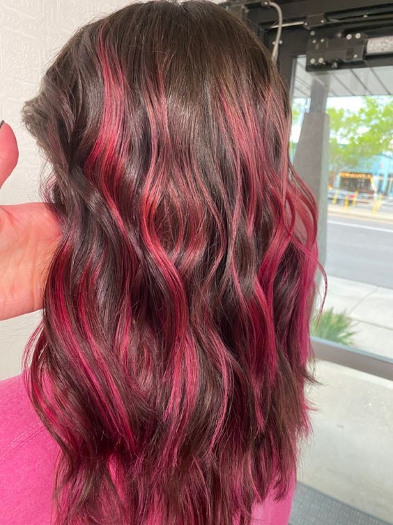 Brunettes With Pink Highlights, Brown Hair Dye Ideas Coloring, Pink Highlights With Brown Hair, Pink Highlights In Auburn Hair, Brown Hair With Dark Pink Highlights, Hot Pink Hair Streaks Brunette, Fun Hair Color Ideas For Brunettes Pink, Pink Hair Highlights On Brown Hair, Pink Barbie Hair