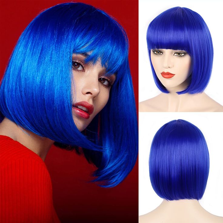 PRICES MAY VARY. ♚Colorful Bob Wig Material♚: The Blue bob wig for women is made of high-quality heat-resistant fiber hair, it can be reshaped under 250°F. Whether you want to bend or straighten your hair, a bob wig can meet your various needs. The material is absolutely safe, not irritable, knotted, odorless, and can stand the test of time. ♚Superiority Wig Quality♚: Fashionable short bob wigs with bangs for women look natural, real, very pretty, and feminine, soft touch. We provide a high-qual Colorful Short Hair, Blue Bob Wig, Wig Cute, Bob Wigs With Bangs, Colorful Wigs, Blue Bob, Bangs For Women, Blue Wig, Short Hair Wigs