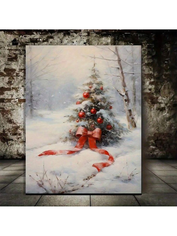 a painting of a christmas tree in the snow with red bows and balls on it