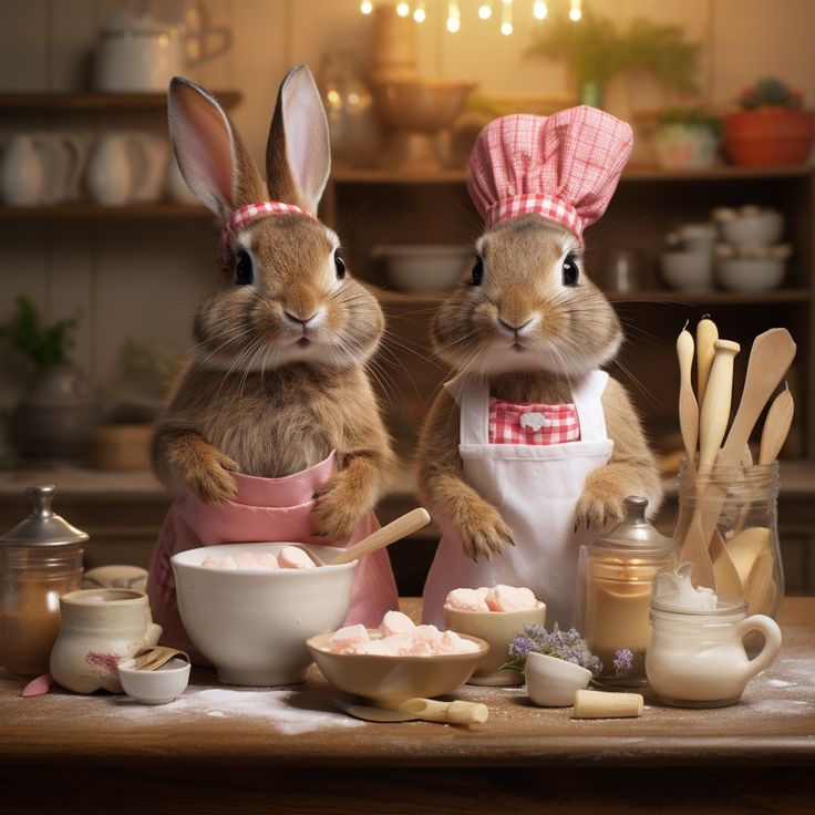 two rabbits dressed as chefs preparing food on a table with utensils and spoons