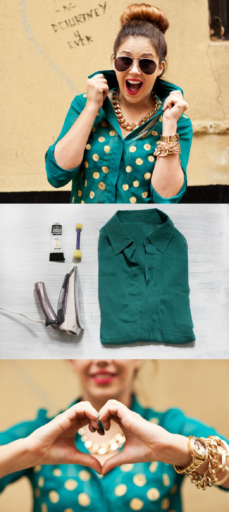 a woman making a heart shape with her hands while wearing sunglasses and green dress shirt