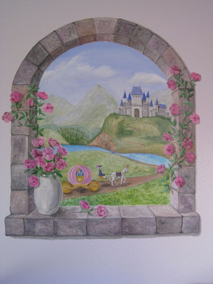 a painting on the wall of a castle with pink flowers