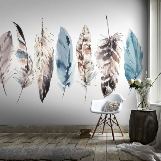 a room that has some feathers on the wall