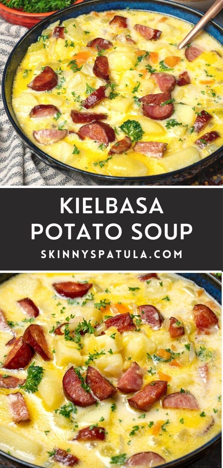 kielbasa potato soup in a skillet with broccoli and parsley