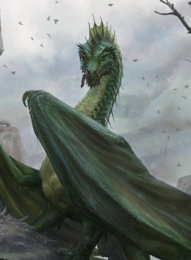 a green dragon is standing in the middle of a rocky area with birds flying around