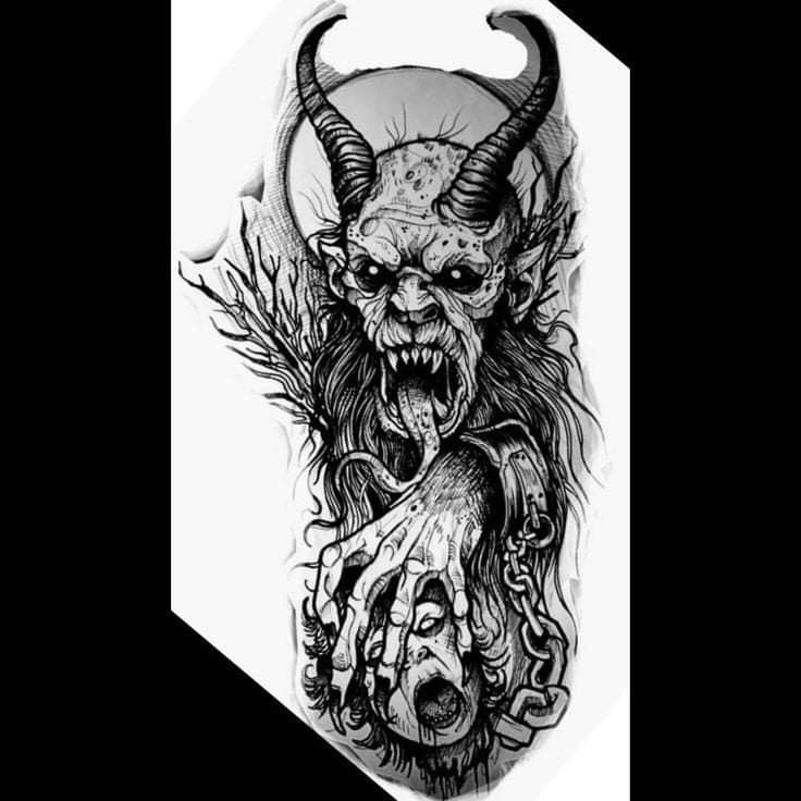 a black and white drawing of a demon with horns on it's head, holding a