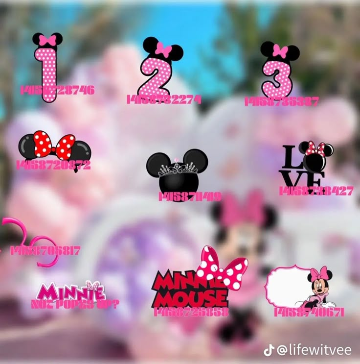 mickey mouse and minnie mouse stickers are shown in pink, black, and white