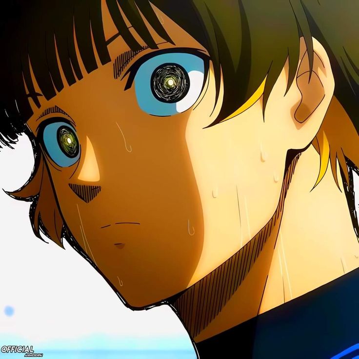 a close up of a person with blue eyes and an anime character in the background