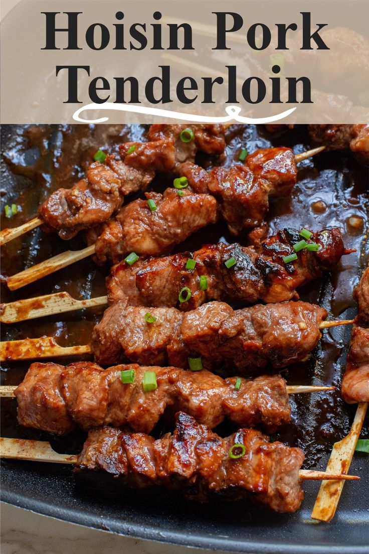 beef skewers are being cooked on the grill with text overlay that reads hoisin pork tenderloin