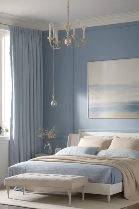 a bedroom with blue walls, white furniture and a chandelier hanging from the ceiling