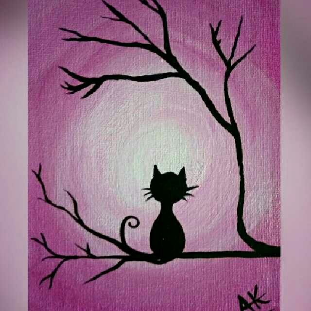 a painting of a cat sitting on a tree branch with the moon in the background