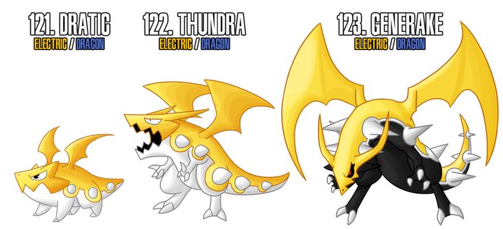 three different types of yellow and white pokemons with black wings, one has an orange tail