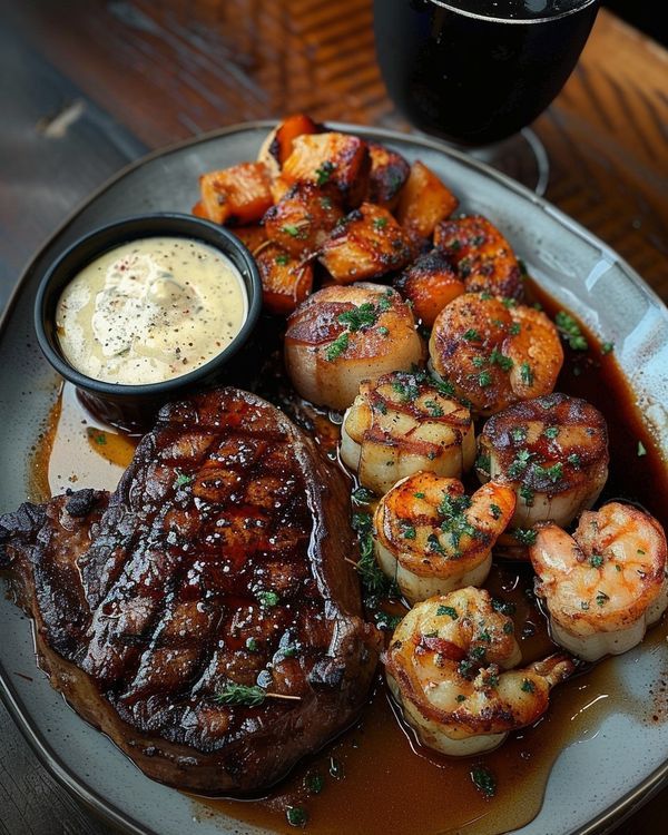 steak, shrimp and potatoes on a plate with a glass of wine