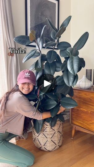 a woman kneeling next to a potted plant on top of a hard wood floor