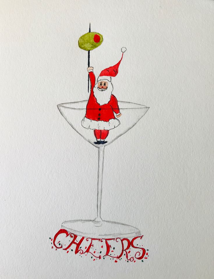 a drawing of santa claus in a martini glass with the word cheers painted on it