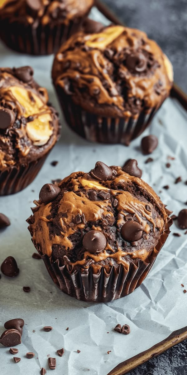 chocolate muffins with peanut butter and chocolate chips