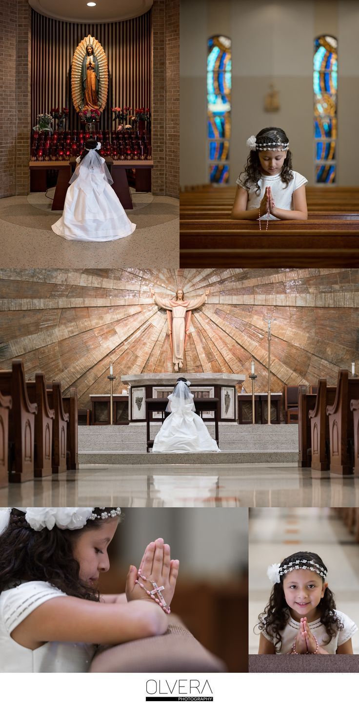 a collage of photos showing the bride and groom at their wedding in front of the alter