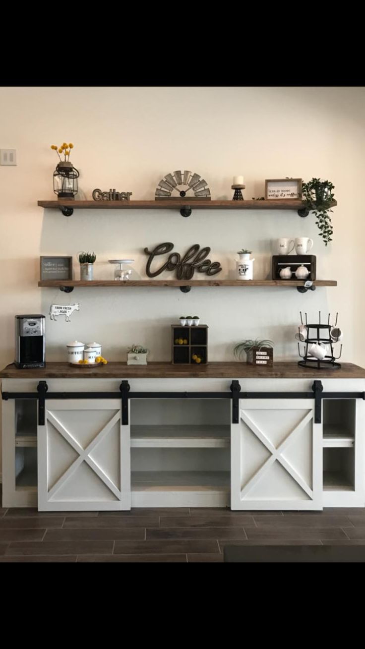 a coffee bar with two open shelves on the wall