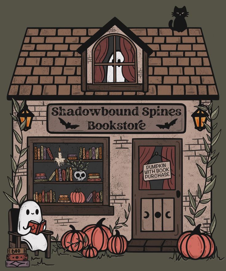 a book store with pumpkins, bookshelves and a ghost in front of it