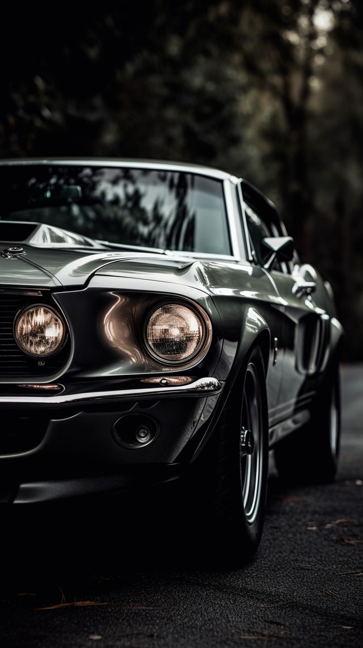 the front end of a black mustang car