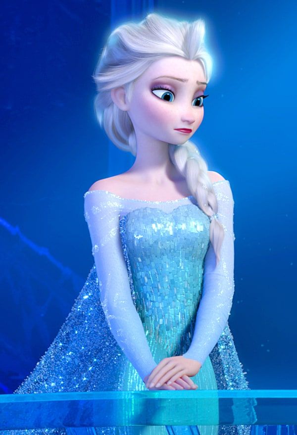 an image of a frozen princess with long hair and blue dress, standing in front of a dark background