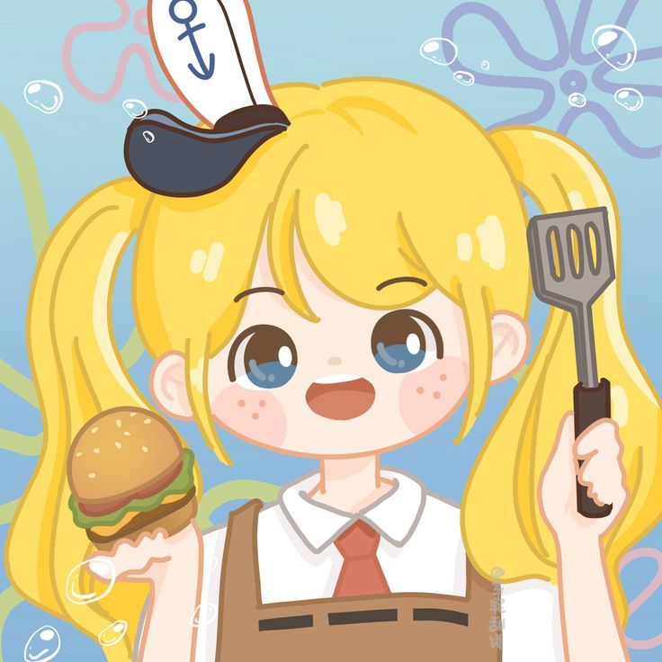 a cartoon girl holding a hamburger and a spatula