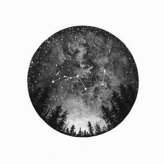 a painting of the night sky with stars and trees on it's side, in front of a white background