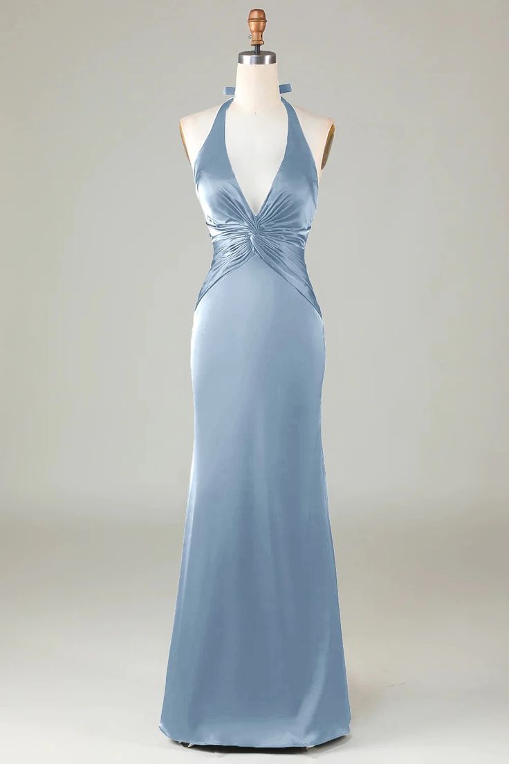 Zapakasa Women Mermaid Halter Dusty Blue Long Satin Bridesmaid Dress Vintage Floor Length Dresses, Pale Blue Long Dress, Long Dusty Blue Dress, Satin Blue Prom Dress, Siren Dress Prom, Light Blue Fancy Dress, Maid Of Honor Dress Styles, Something Blue Dress, Dusty Blue Dress Outfit