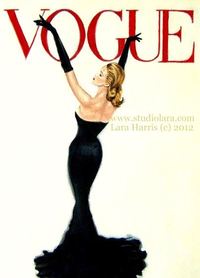 a painting of a woman in a black dress on the cover of magazine voge