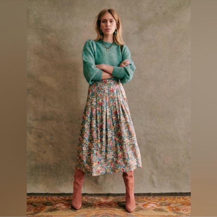 Lovely Sezane Jade Skirt. Green Floral Print Skirt For Fall, Feminine Fall Ruffled Skirt, Feminine Relaxed Skirt For Fall, Feminine Tiered Skirt For Fall, Feminine Fall Lined Skirt, Feminine Lined Skirt For Fall, Feminine Fall Midi Skirt, Feminine Midi Skirt For Fall, Feminine Flowy Maxi Skirt For Fall