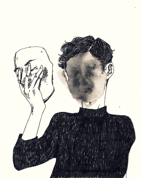 a drawing of a man holding his head in front of him with both hands on his face