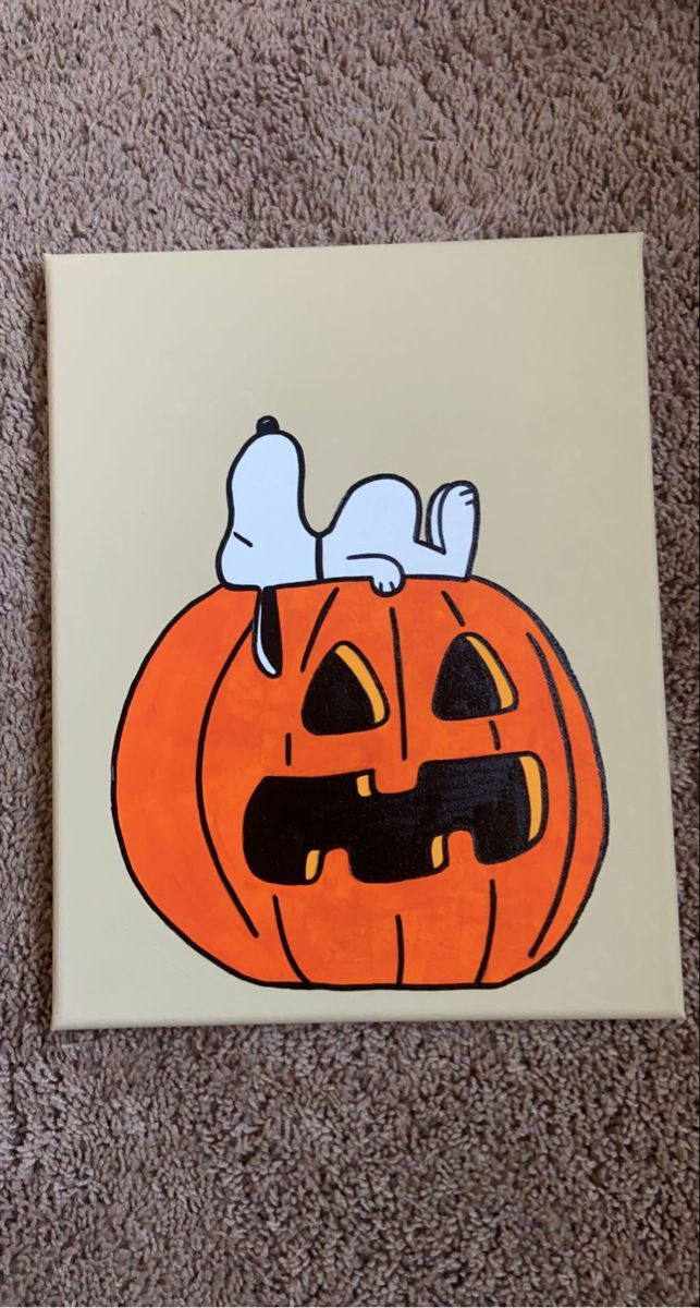 ArtbyCurlyAriel - Etsy What To Draw For Halloween, Snoopy Halloween Paintings On Canvas, Snoopy On Pumpkin, Charlie Brown Halloween Painting, Preppy Halloween Drawings, Things To Paint On Canvas Halloween, Halloween Simple Paintings, Cute Fall Canvas Paintings, Halloween Cartoon Painting