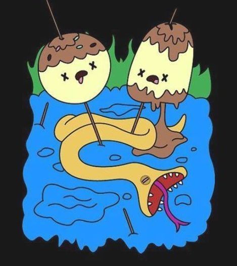 an image of two donuts in the water with one being bitten by a snake