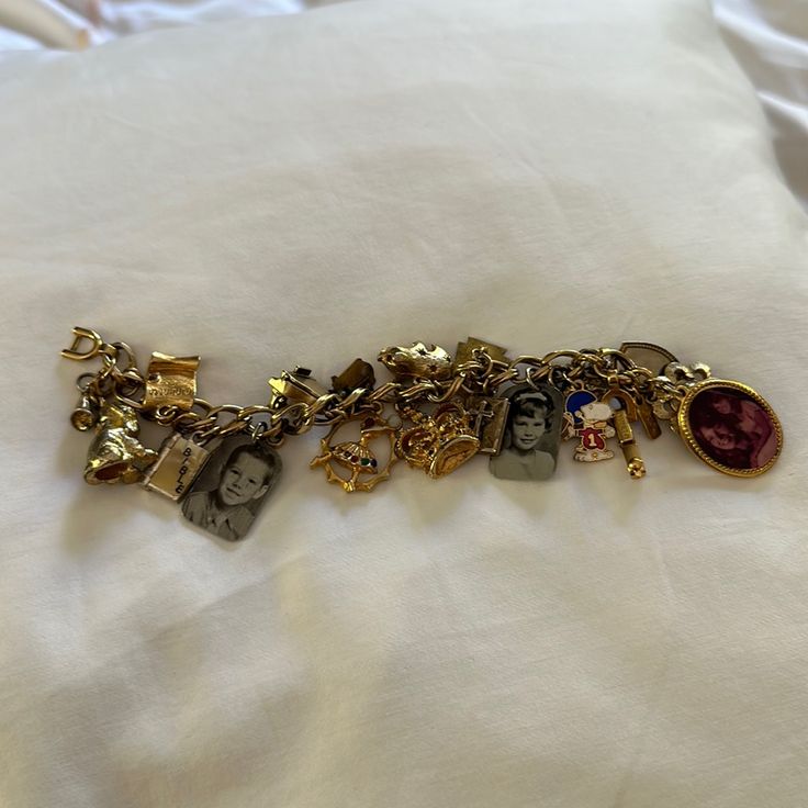 Vintage Monet 6” Charm Bracelet Loaded With Charms Maximalist Bracelet Stack, Collectible Yellow Gold Bracelets, Collectible Vintage Charm Costume Bracelets, Personalized Vintage Bracelet Jewelry, Antique Charm Bracelet, Vintage Trinkets, Vintage Assemblage Jewelry, Vintage Jewlery, Fashionably Late