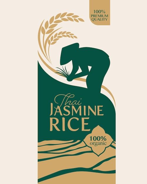 the label for jasmine rice is shown in green and gold colors, with an image of a woman kneeling down