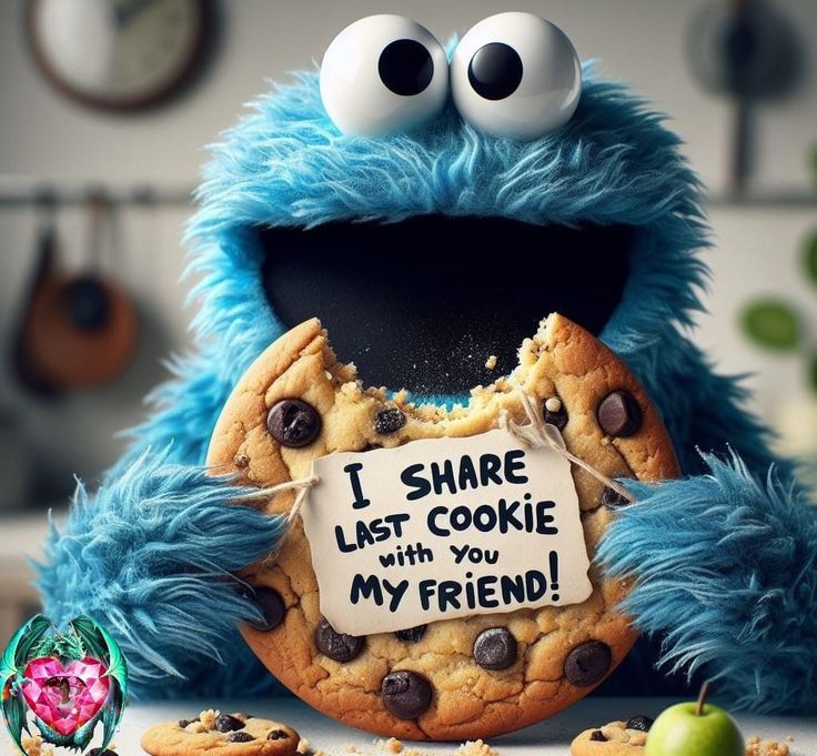 cookie monster holding sign that says i share last cookie with you my friend