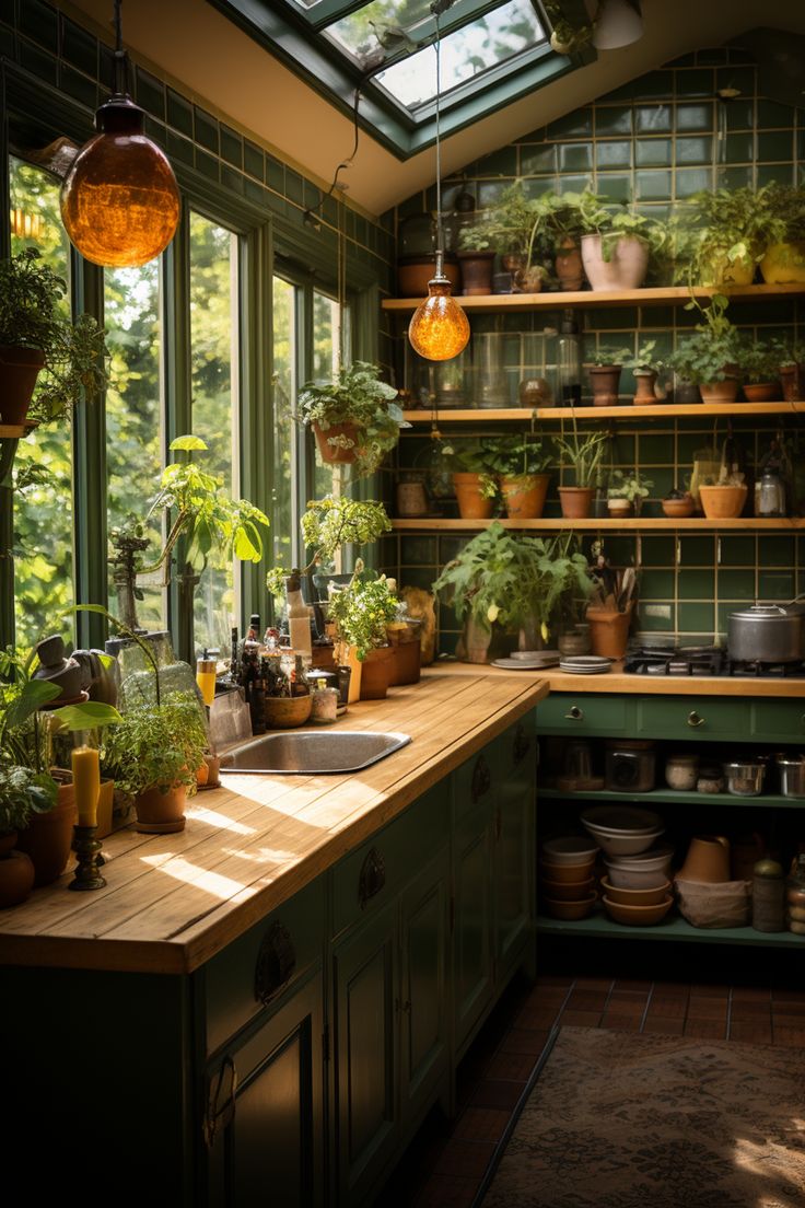 a kitchen filled with lots of potted plants on top of a wooden counter next to a window