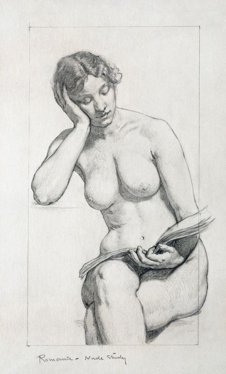 a pencil drawing of a naked woman sitting on a chair with her hand to her head