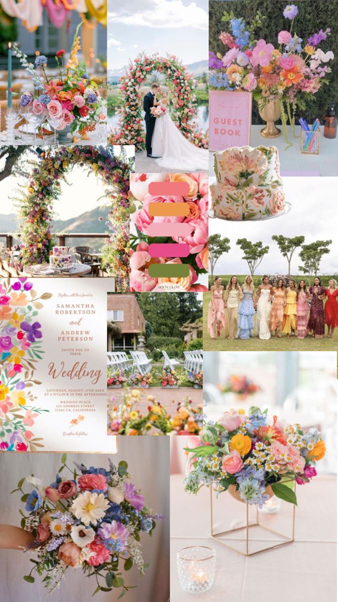 a collage of photos with flowers and wedding decorations