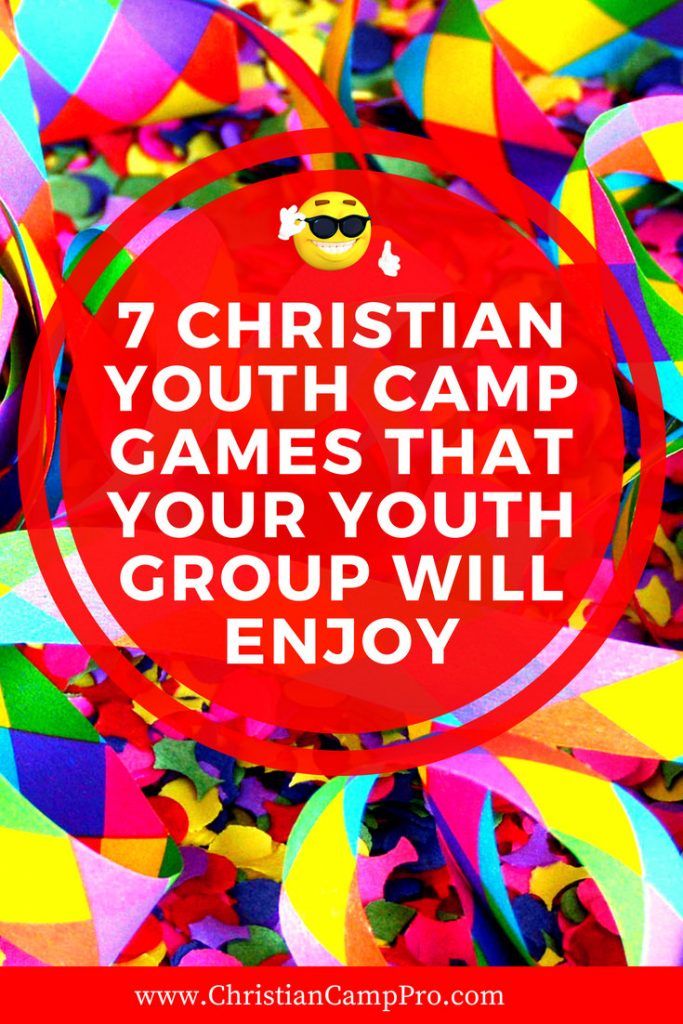 the words 7 christian youth camp games that your youth will enjoy on top of colorful streamers